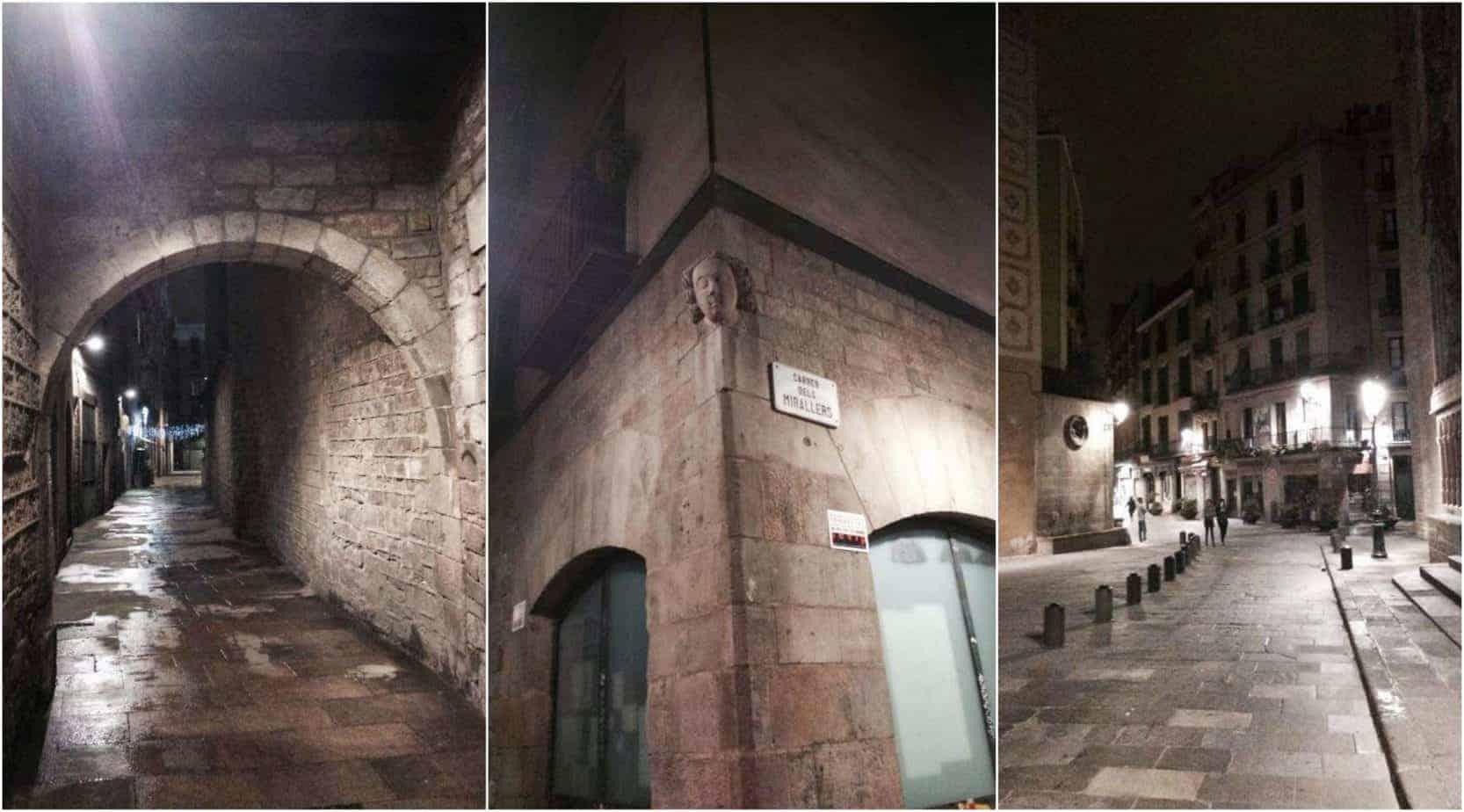 Three images juxtaposed together showing brick buildings at night.