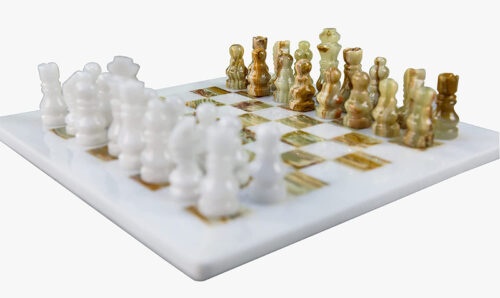 Lavish Chess Set Handmade Staunton White and Green Onyx Marble Chess Board