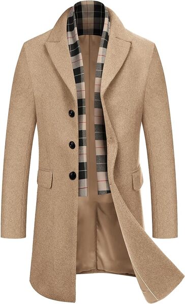 COOFANDY Men's Wool Blend Coat with Detachable Plaid Scarfs