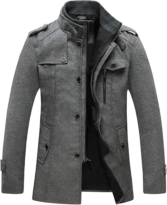 wantdo Men's Wool Blend Jacket Stand Collar Windproof Pea Coat