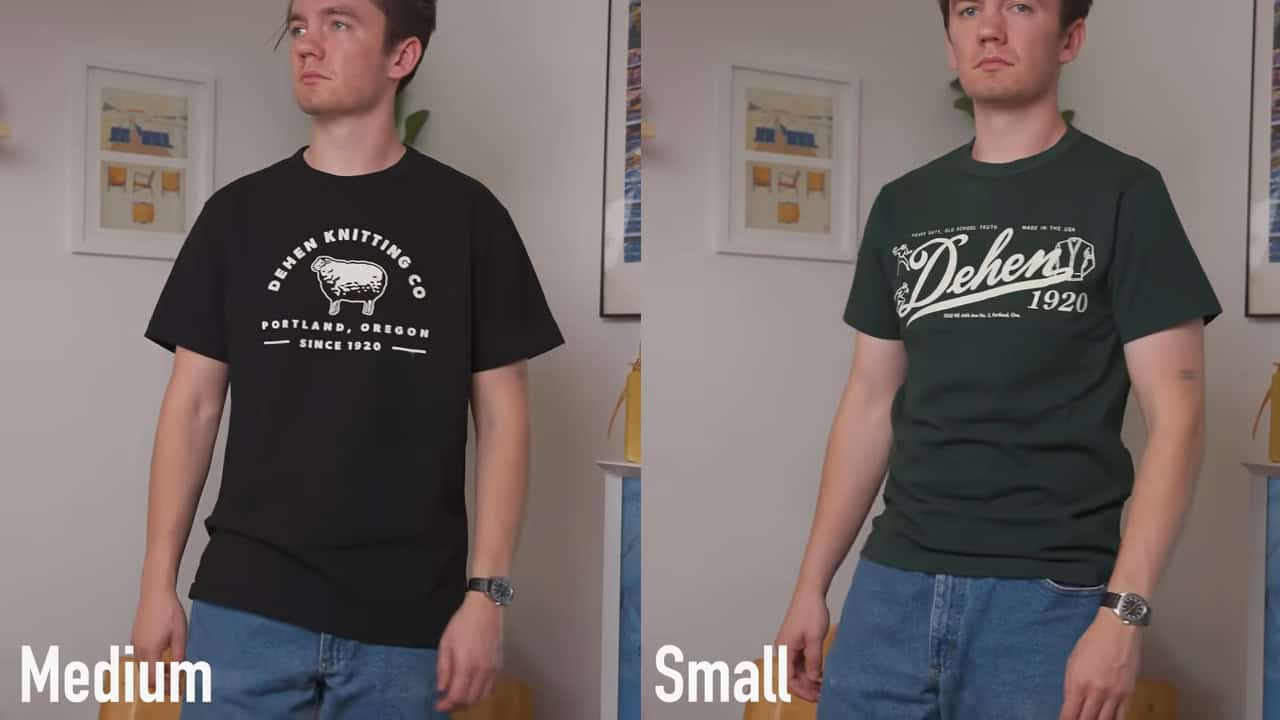 dehen t-shirts on Michael from the Iron Snail, showing small and medium option of the best t-shirts for men