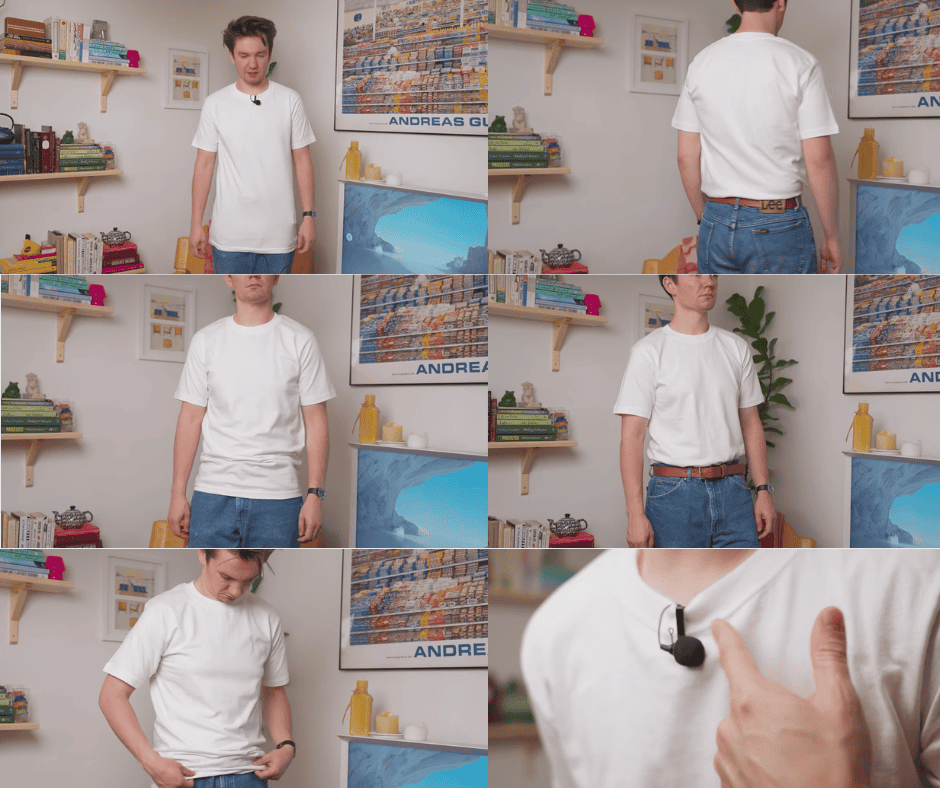 collage of images of Michael from the iron snail wearing kirkland white t-shirts