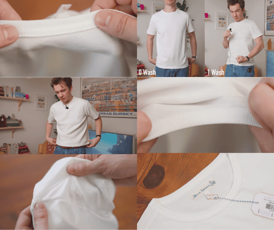 collage of images of Michael from the iron snail wearing and testing the merz b white t-shirts