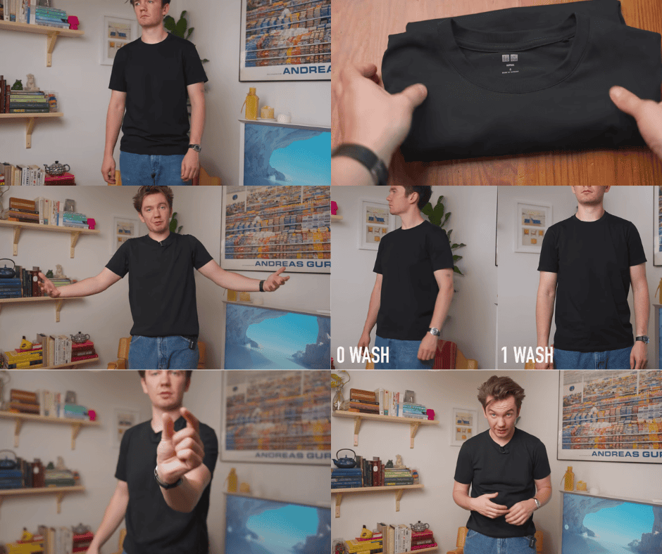 collage of images of Michael from the iron snail wearing Supima cotton black t-shirts from uniqlo