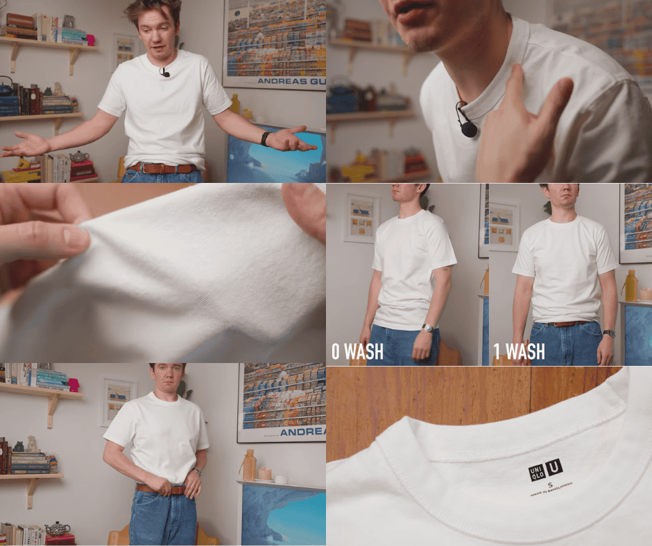 collage of images of Michael from the iron snail wearing heavy weight white t-shirts from uniqlo