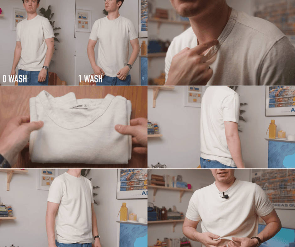 collage of images of Michael from the iron snail wearing Buck Mason Hemp white t-shirt