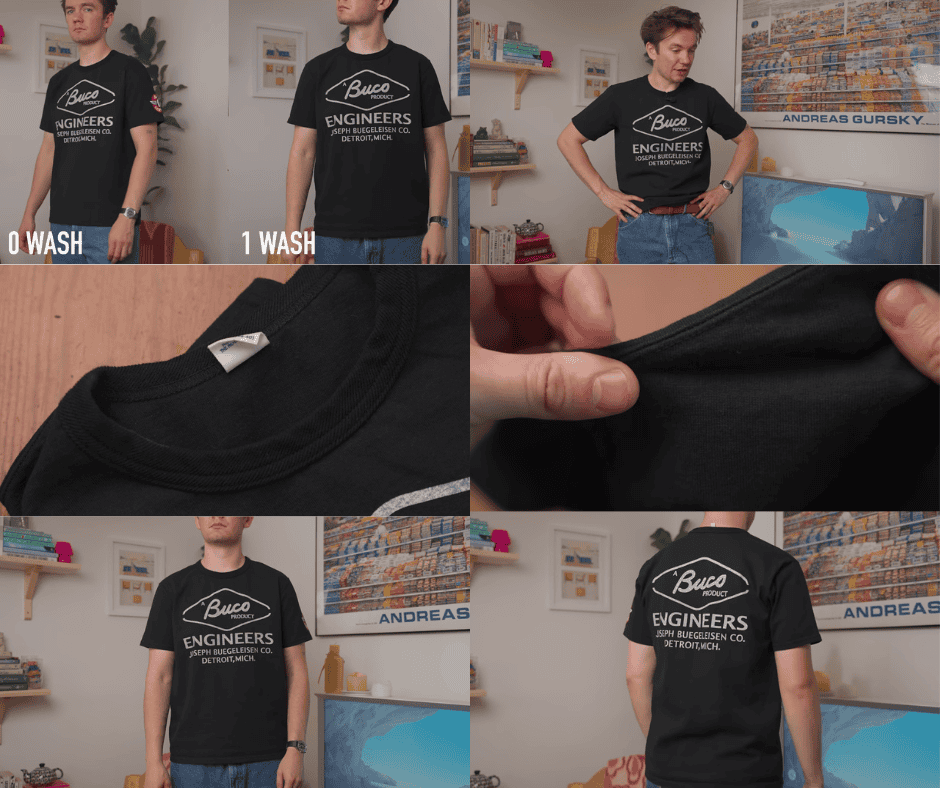 collage of images of Michael from the iron snail wearing and testing the real mccoys black t-shirts