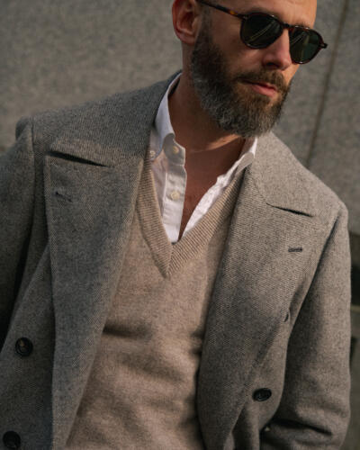 Light-grey overcoat and horsebit loafers – Permanent Style