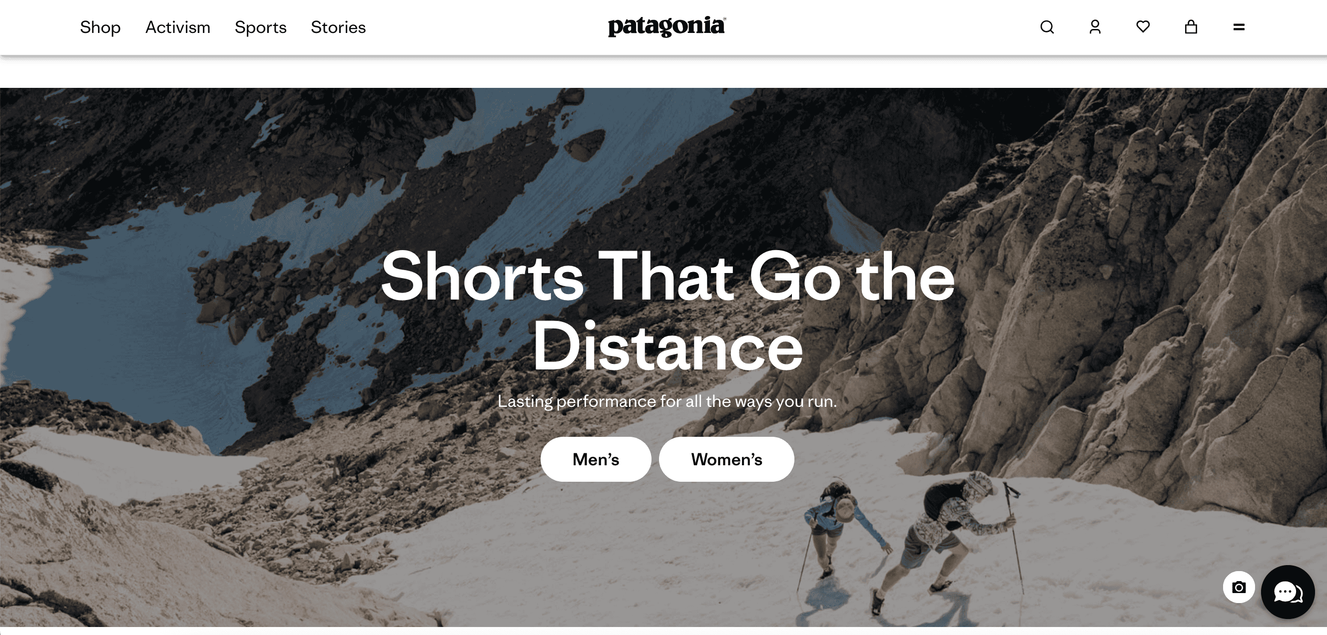 Patagonia homepage, banner about shorts