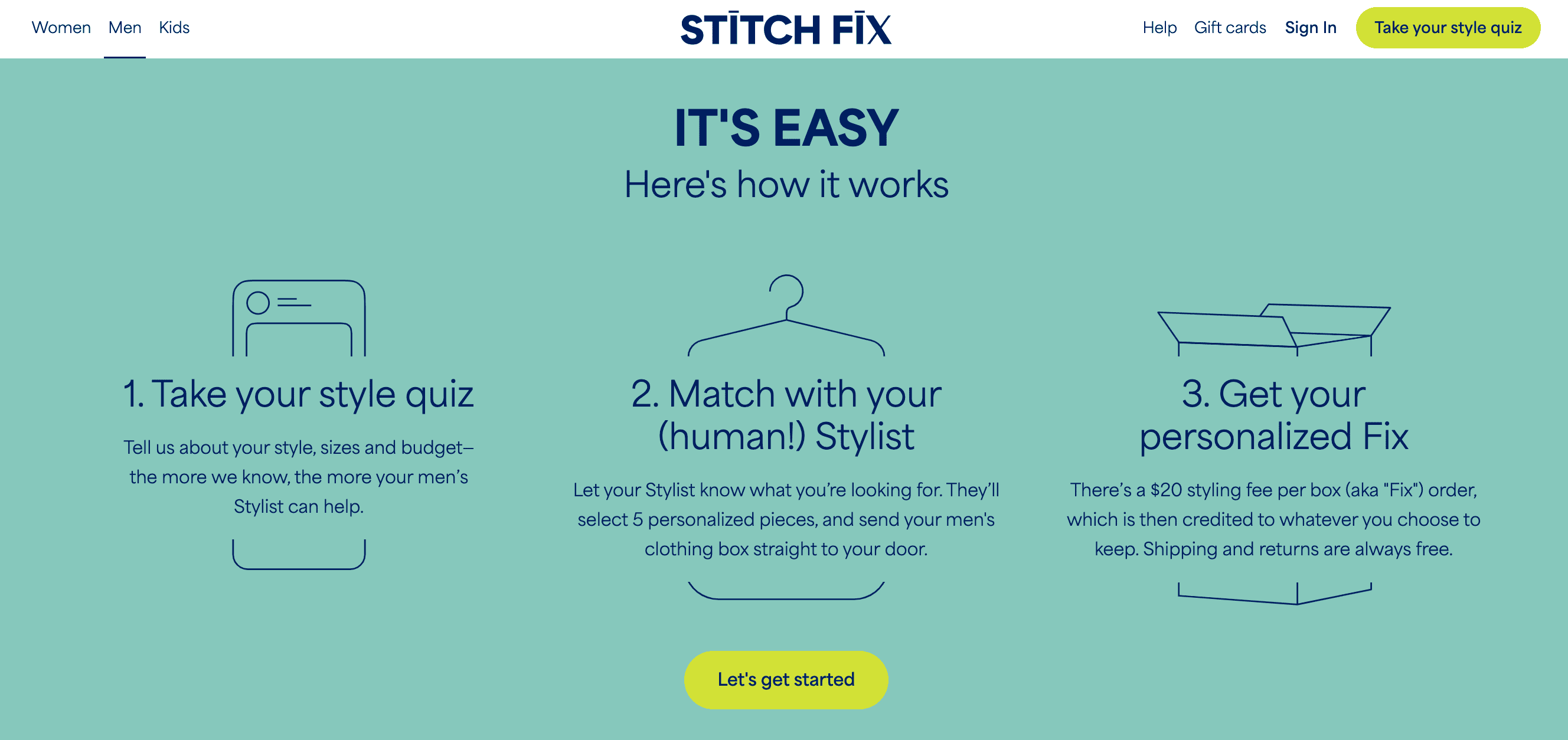 Stitch fix homepage, outlining how it works