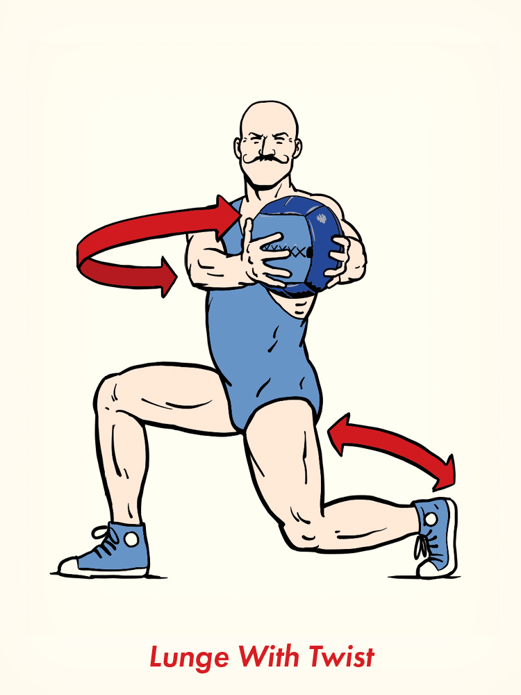 Illustration of a person doing a lunge with a twist, holding a medicine ball—arrows highlight arm, torso rotation, and lower body movement, demonstrating medicine ball exercises for full-body engagement.