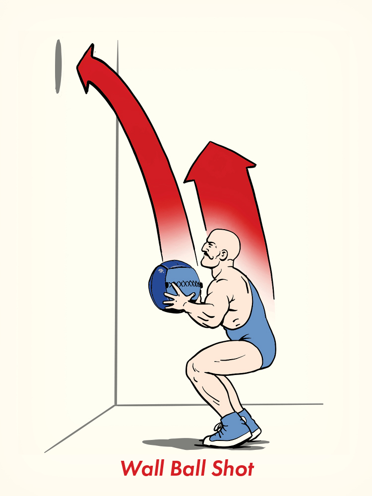 Illustration of a person in a squat holding a medicine ball, preparing to throw it at a wall—an effective exercise with medicine ball. Red arrows show the ball’s path. Text reads "Wall Ball Shot.