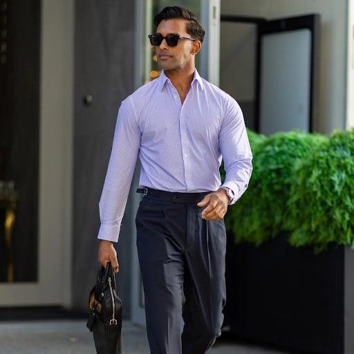 Business Casual Outfit 4 - Lavender Shirt with Navy Trousers