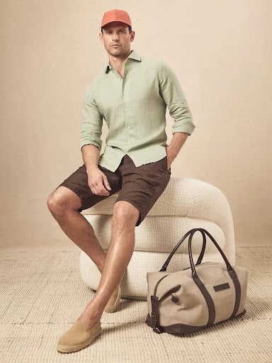 Summer Outfit 2 - Soft Green Linen with Brown Shorts