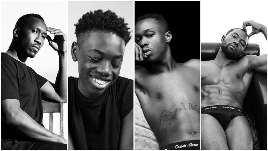 Trevante Rhodes in the 2017 Calvin Klein #MyCalvins campaign alongside Moonlight co-stars Mahershala Ali, Alex Hibbert, and Ashton Sanders