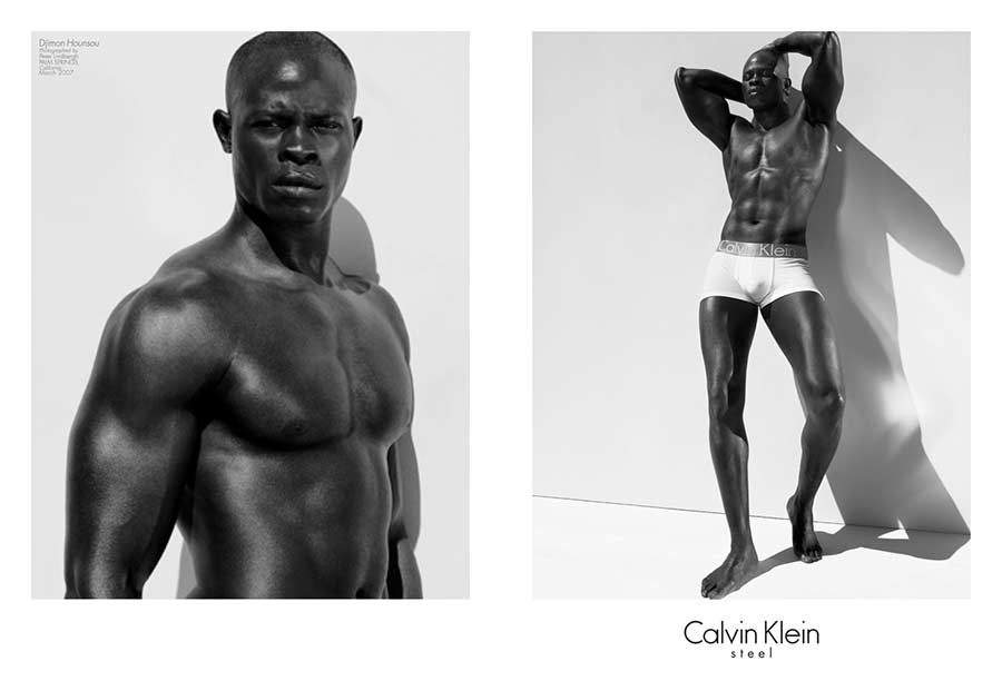 Djimon Hounsou in sculptural black-and-white photography for the 2007 Calvin Klein underwear campaign following his Blood Diamond Oscar nomination